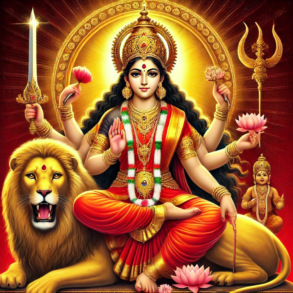 DALL·E 2024 09 19 16.05.32 Maa Katyayani a goddess with a glowing golden complexion seated on a fierce lion. She has four arms holding a sword in one hand and a lotus flower