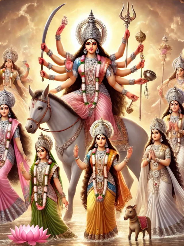 DALL·E 2024-09-24 15.35.44 - Create an image featuring all Nav Durga forms in one picture. Each form should be distinctly portrayed_ Maa Shailputri with a trident, Maa Brahmachari