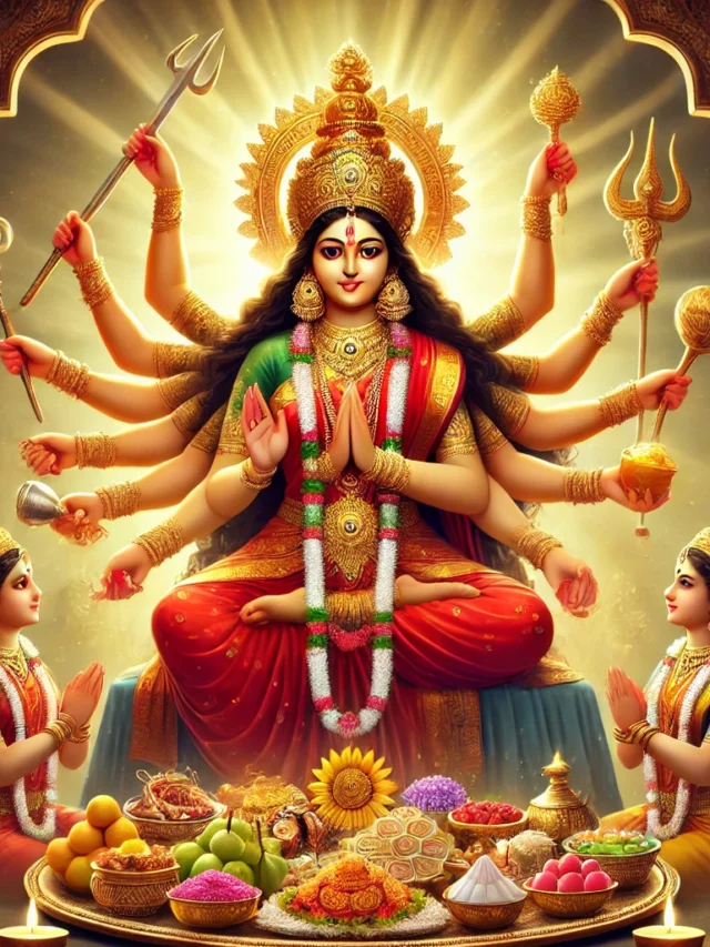 DALL·E 2024-09-25 19.23.32 - Create an image of Goddess Durga seated majestically, receiving offerings of various bhogs (sweets, fruits, and other delicacies) from devotees. Durga