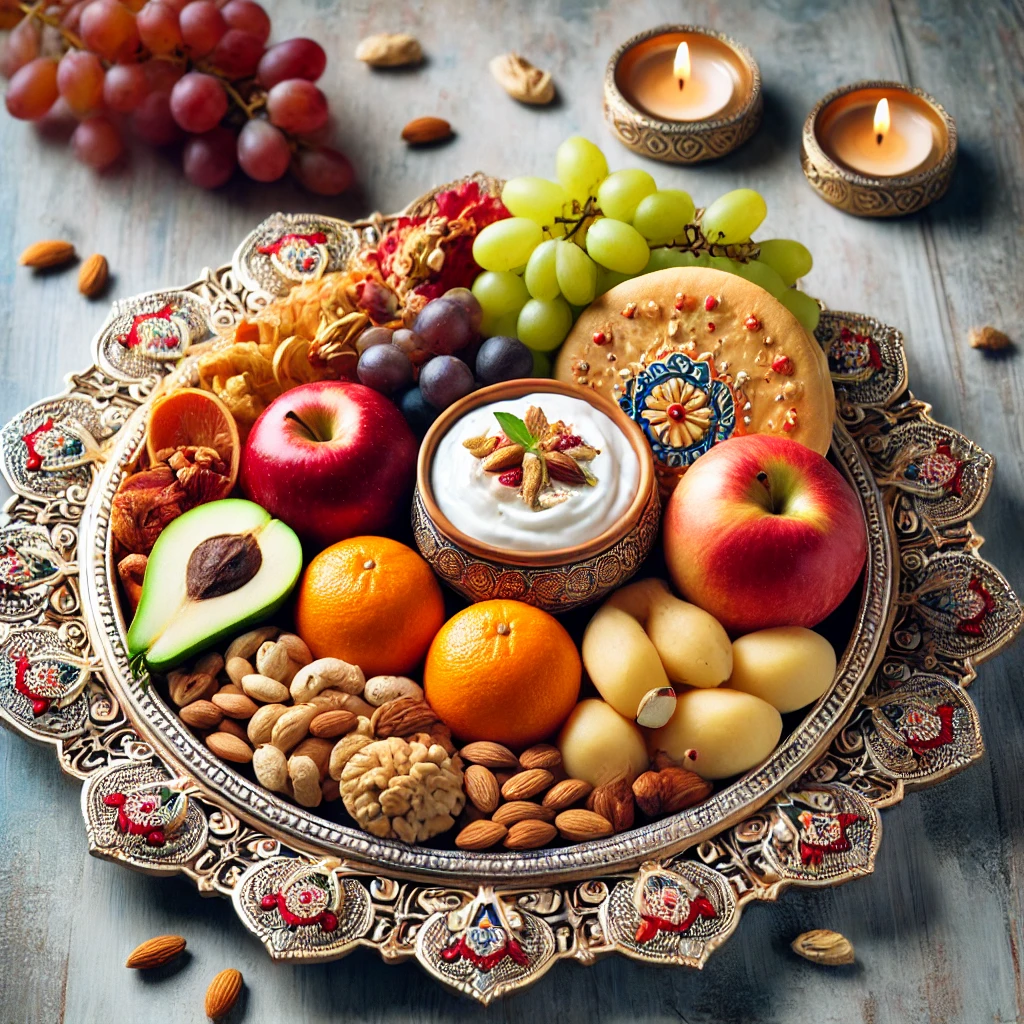 DALL·E 2024 10 16 16.26.57 A beautifully arranged traditional Sargi thali for Karwa Chauth featuring poori fresh fruits like apples oranges and grapes dry fruits like almon