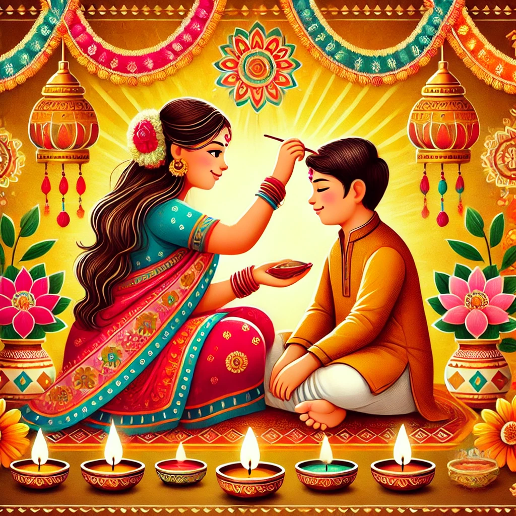DALL·E 2024 11 02 18.22.37 A festive illustration celebrating Bhai Dooj showing a traditional Indian scene with a sister applying a tilak mark on her brothers forehead in a