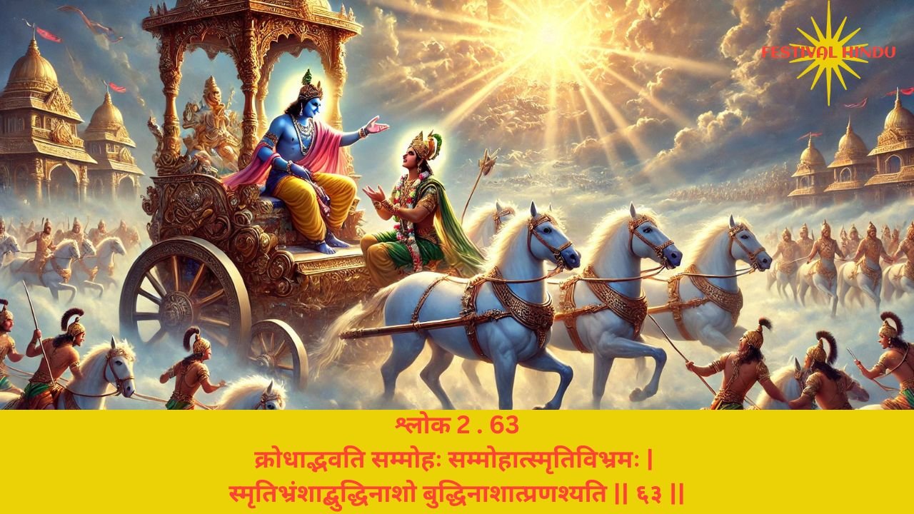 Read more about the article Bhagavad Gita Chapter 2 Verse 63 Shloka 63 – गीता अध्याय 2 श्लोक 63 अर्थ सहित – क्रोधाद्भवति सम्मोहः सम्मोहात्स्मृतिविभ्रमः