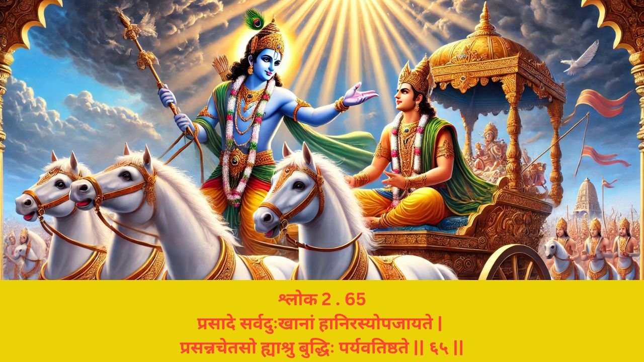 You are currently viewing Bhagavad Gita Chapter 2 Verse 65 Shloka | गीता अध्याय 2 श्लोक 65 अर्थ सहित | प्रसादे सर्वदुःखानां…..