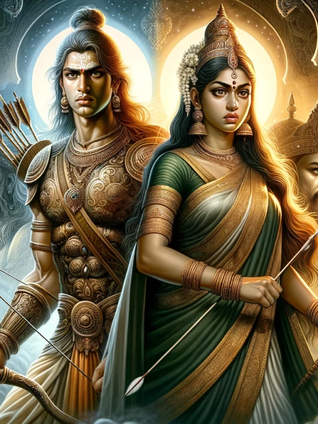 DALL·E 2024-12-07 15.43.21 - An artistic depiction of Shikhandi and Amba from Mahabharata in a dramatic scene. Shikhandi is shown in warrior attire, symbolizing both masculine and