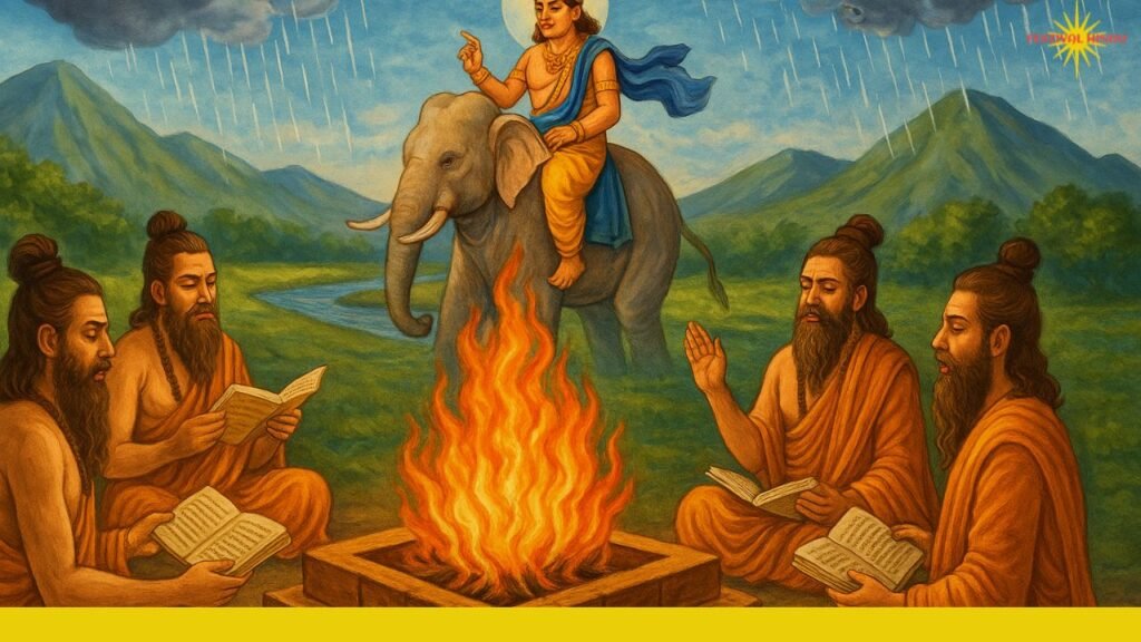 यज्ञ कुंड में अग्नि जल रही है, चारों ओर ऋषि-मुनि वेदों का पाठ करते हुए, ऊपर आकाश में इन्द्रदेव प्रसन्न होकर वर्षा कर रहे हैं यज्ञ कुंड में अग्नि जल रही है, चारों ओर ऋषि-मुनि वेदों का पाठ करते हुए, ऊपर आकाश में इन्द्रदेव प्रसन्न होकर वर्षा कर रहे हैं