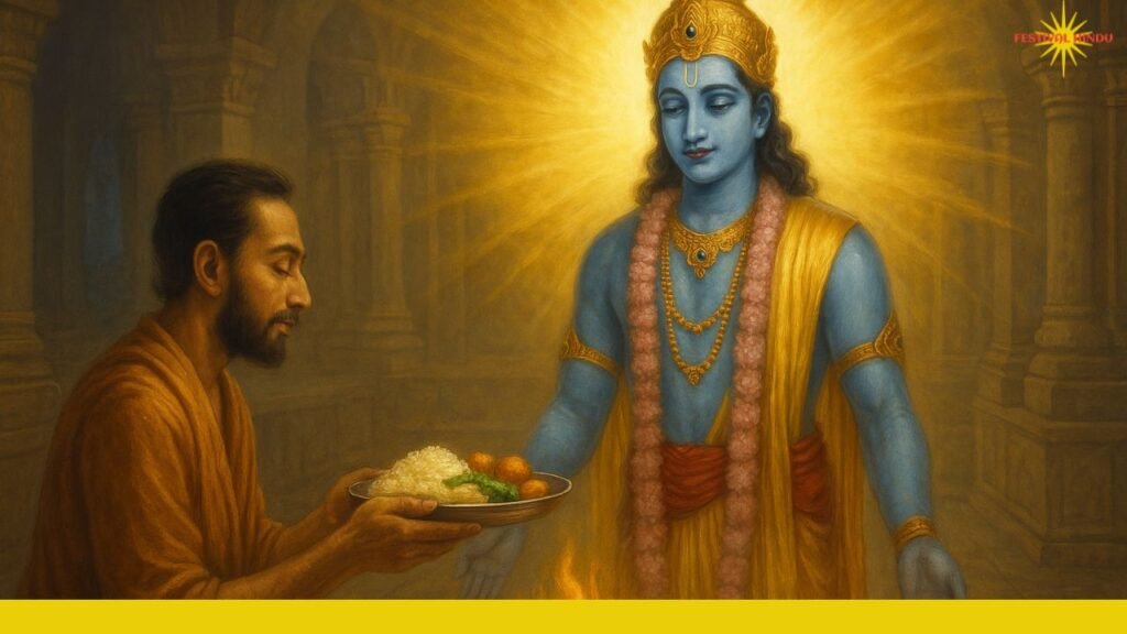 एक भक्त भगवान विष्णु को अर्पित करता हुआ भोजन (प्रसाद) एक भक्त भगवान विष्णु को अर्पित करता हुआ भोजन (प्रसाद)