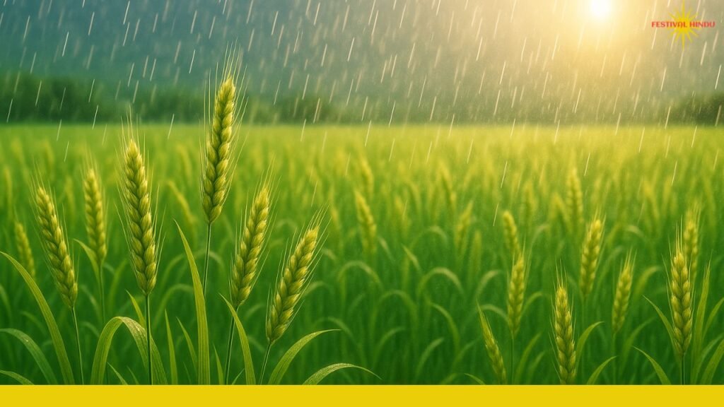 हरे-भरे खेतों में अन्न की बालियाँ लहराती हुईं, ऊपर से वर्षा की बूंदें गिरती हुईं, साथ में सूर्य की हल्की किरणें हरे-भरे खेतों में अन्न की बालियाँ लहराती हुईं, ऊपर से वर्षा की बूंदें गिरती हुईं, साथ में सूर्य की हल्की किरणें