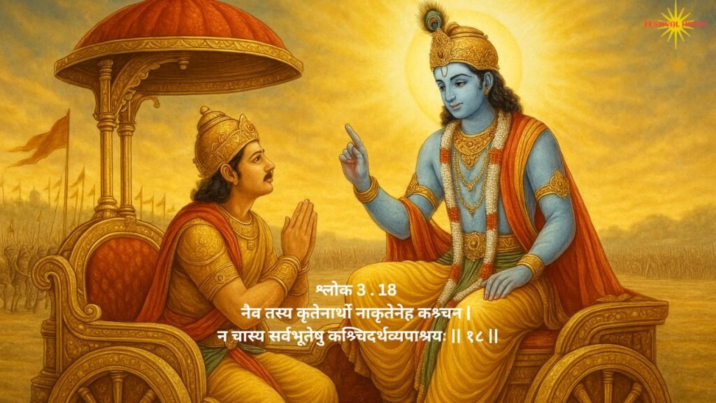 भागवत गीता अध्याय 3 श्लोक 18 — मूल श्लोक 3.18 एवं अर्थ | Festivalhindu.com भागवत गीता अध्याय 3 श्लोक 18 — मूल श्लोक 3.18 एवं अर्थ | Festivalhindu.com