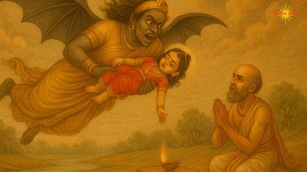 पूतना आकाश में उड़ती हुई राधा को गोद में लिए | Festivalhindu.com