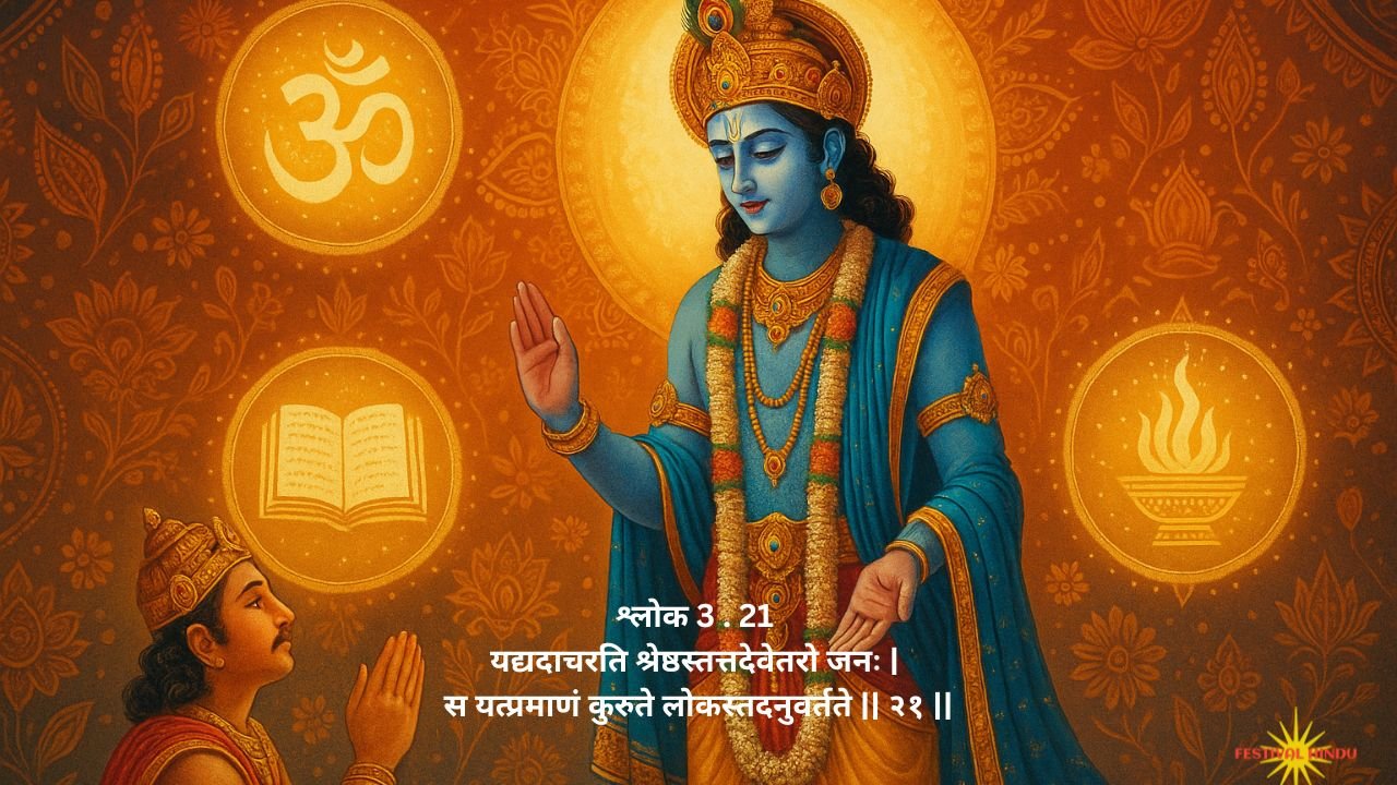 भगवद गीता अध्याय 3 श्लोक 21 का अर्थ: श्रेष्ठ पुरुष का आचरण समाज का मार्गदर्शक कैसे बनता है?