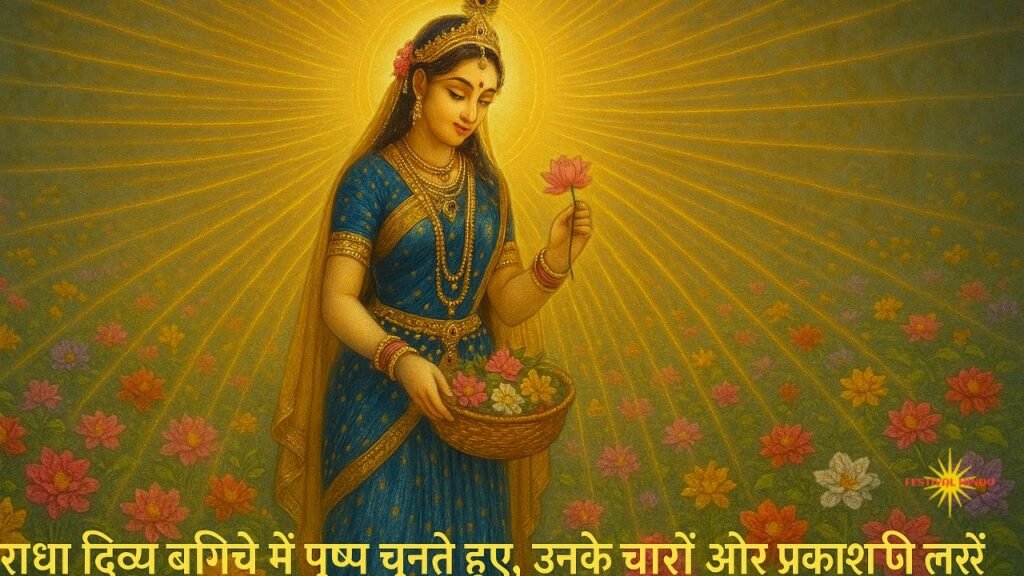 श्रीराधा दिव्य बगिचे में पुष्प चुनते हुए, उनके चारों ओर प्रकाश की लहरें | Festivalhindu.com