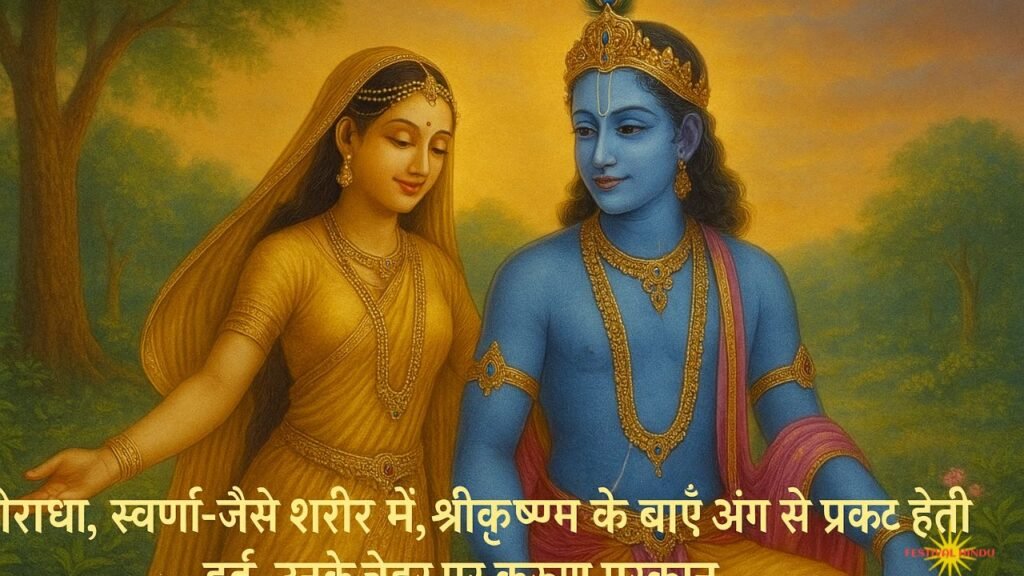 श्रीराधा, स्वर्ण-जैसे शरीर में, बाएँ अंग से प्रकट होती हुई | Festivalhindu.com