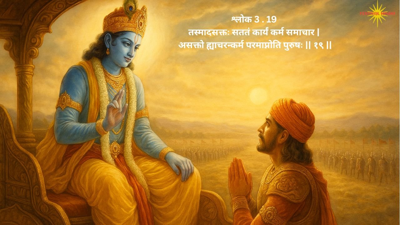 भगवद गीता अध्याय 3 श्लोक 19 का भावार्थ, तात्पर्य और गूढ़ रहस्य | कर्मयोग का मार्ग | तस्मादसक्तः सततं कार्यं कर्म समाचार |