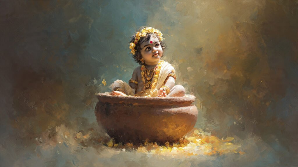 baby krishna sitting in a clay pot 1