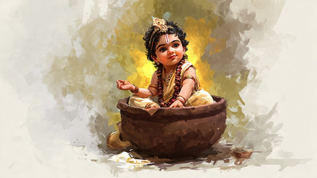baby krishna sitting in a clay pot