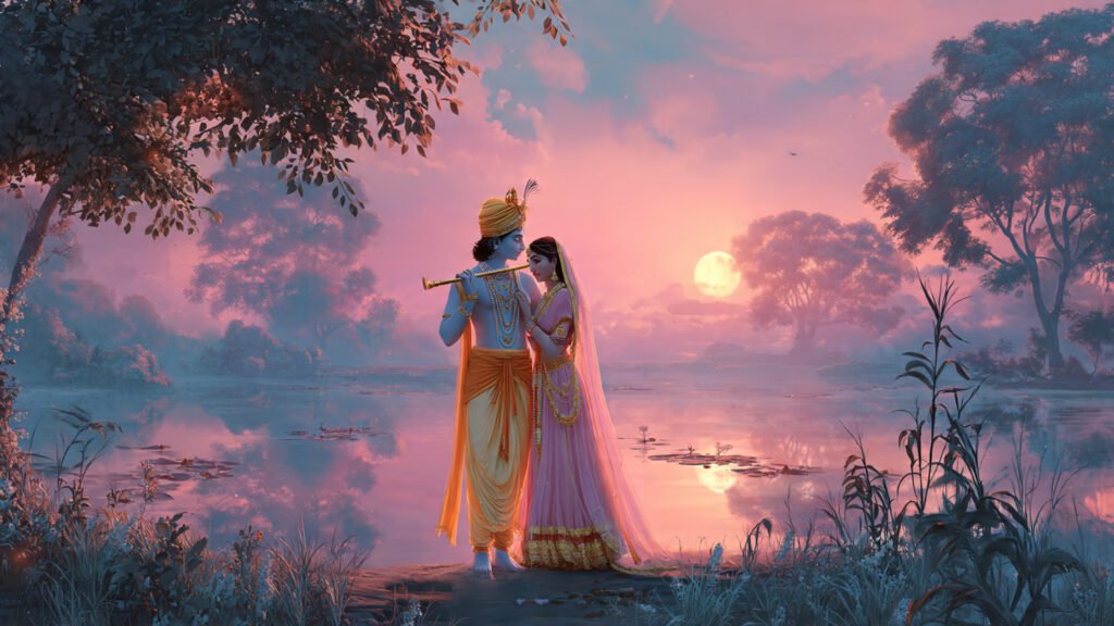 krishna and radha standing together near yamuna