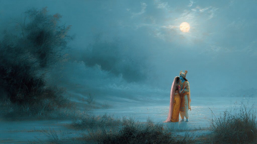 krishna and radha standing together near yamuna 2