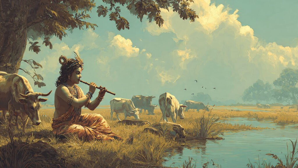 krishna sitting on a riverbank playing flute 1