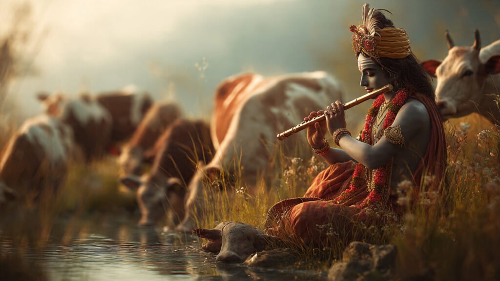 krishna sitting on a riverbank playing flute 2