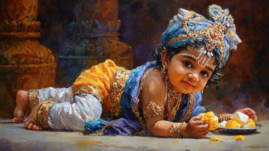 little krishna crawling on the floor with