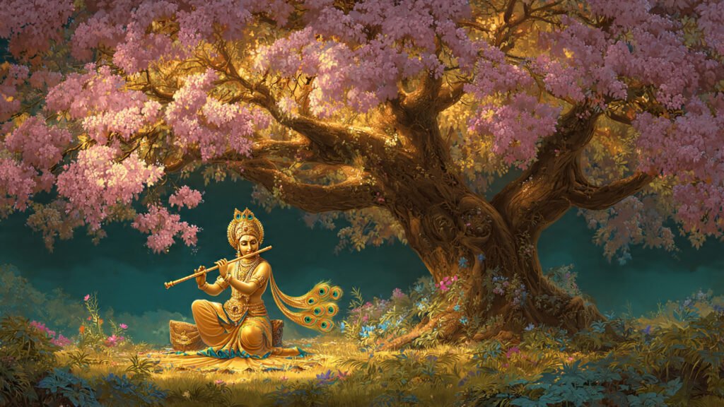 lord krishna playing flute under a blooming 1