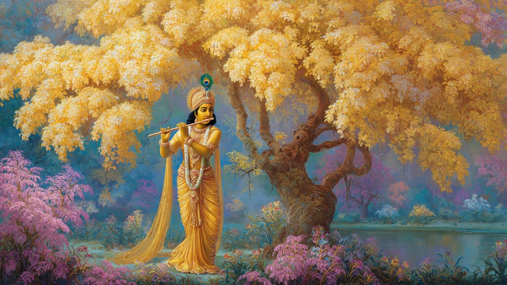 lord krishna playing flute under a blooming 2