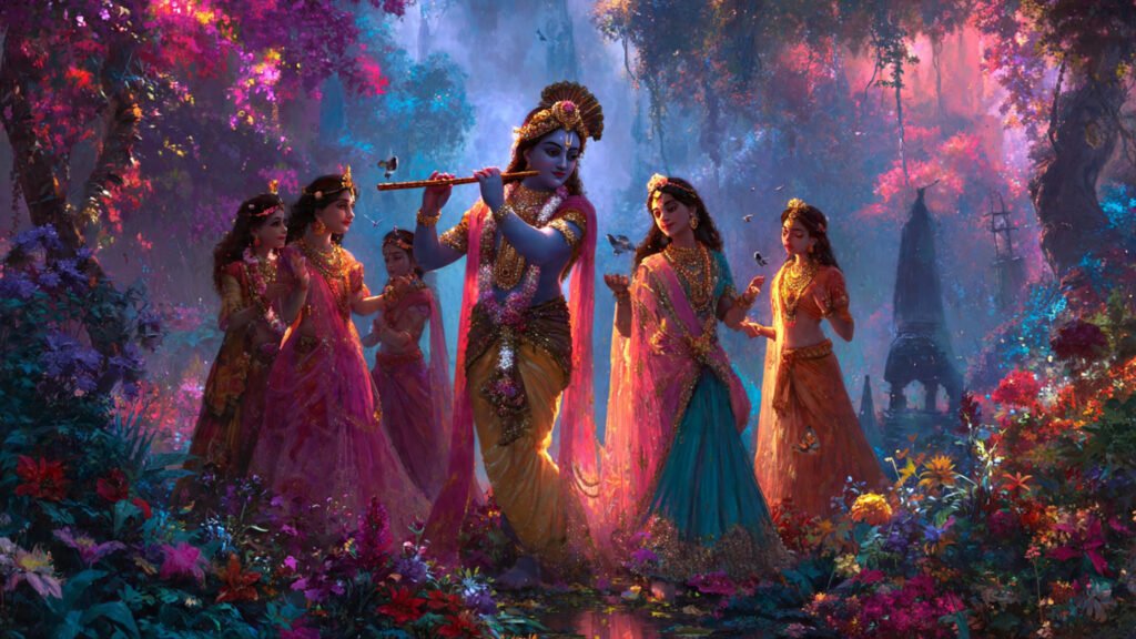lord krishna standing with his flute surrounded