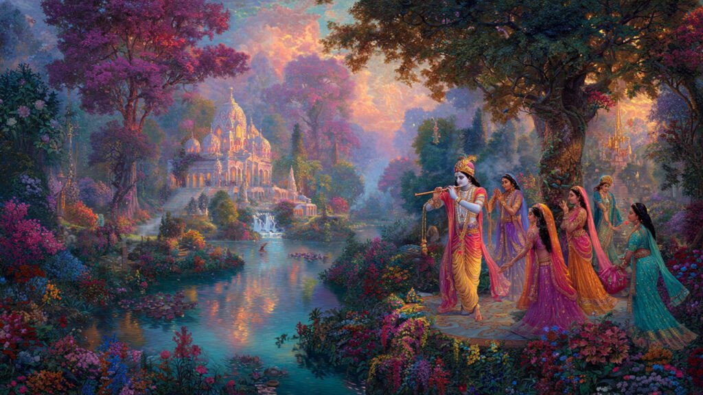 lord krishna standing with his flute surrounded 2