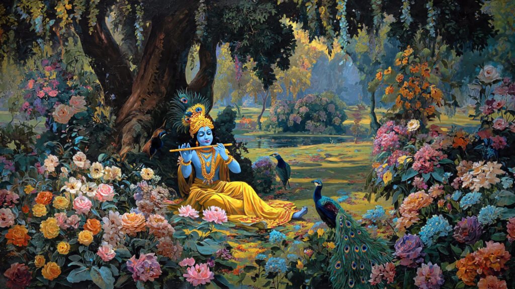 serene painting of lord krishna in vrindavan 1