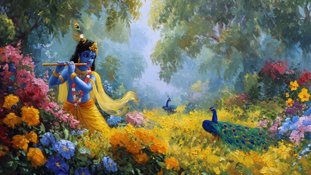 serene painting of lord krishna in vrindavan 2