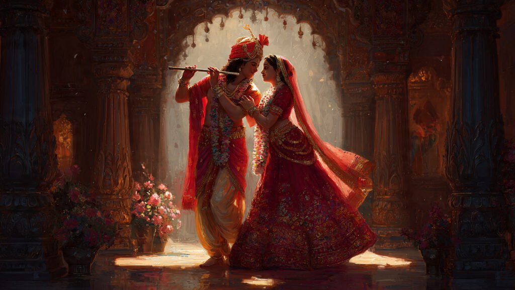 vibrant digital painting of radha and krishna