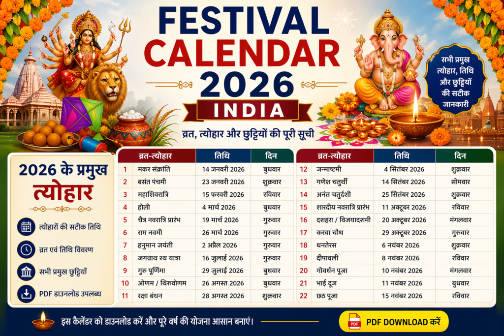 Festival Calendar 2026 India image showing all major Hindu festivals, vrat dates, and holidays list in Hindi with complete yearly calendar details