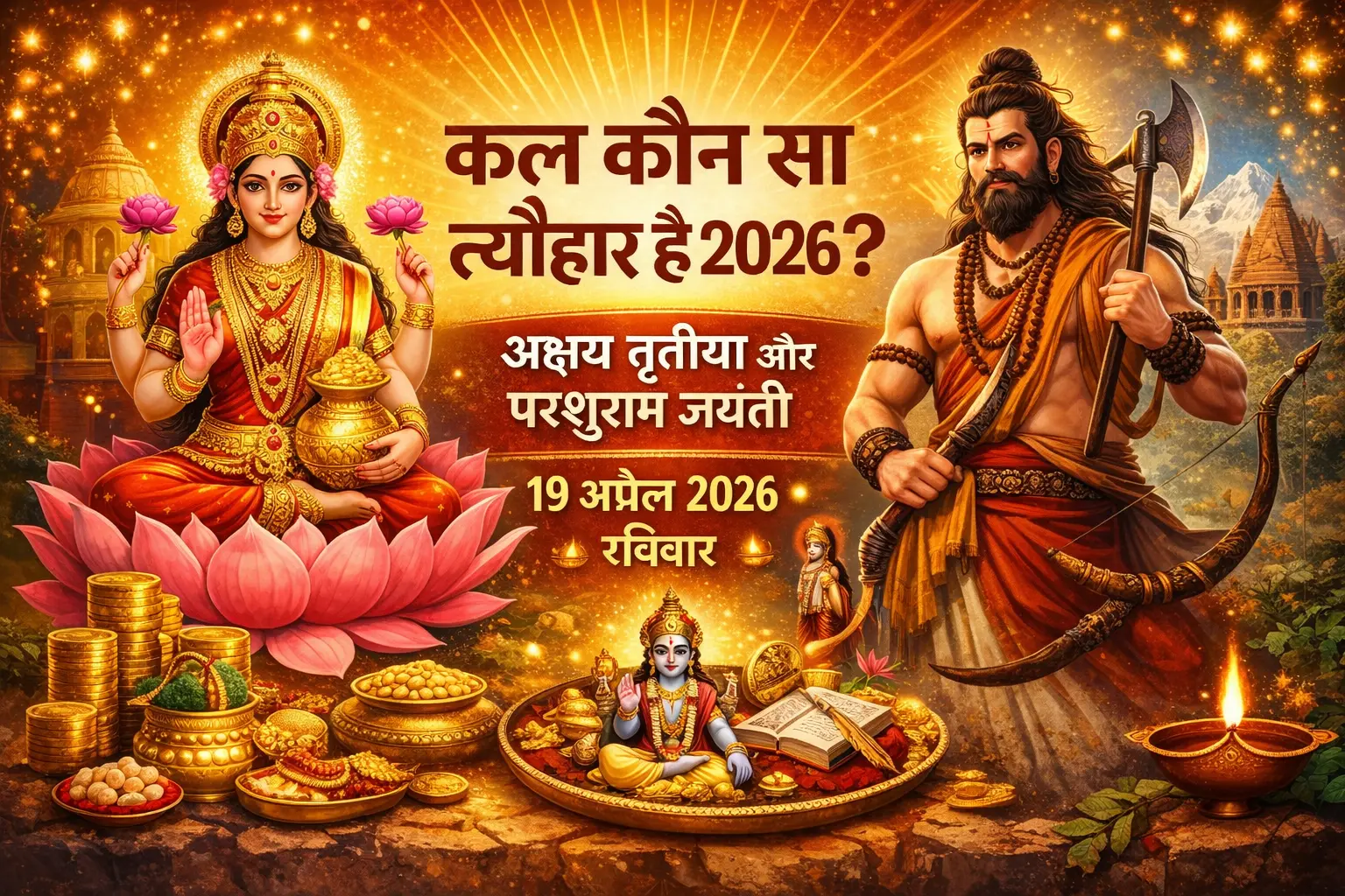 कल कौन सा त्यौहार है 2026 – अक्षय तृतीया और परशुराम जयंती 19 अप्रैल 2026 की धार्मिक चित्र जिसमें माता लक्ष्मी और भगवान परशुराम का चित्रण
