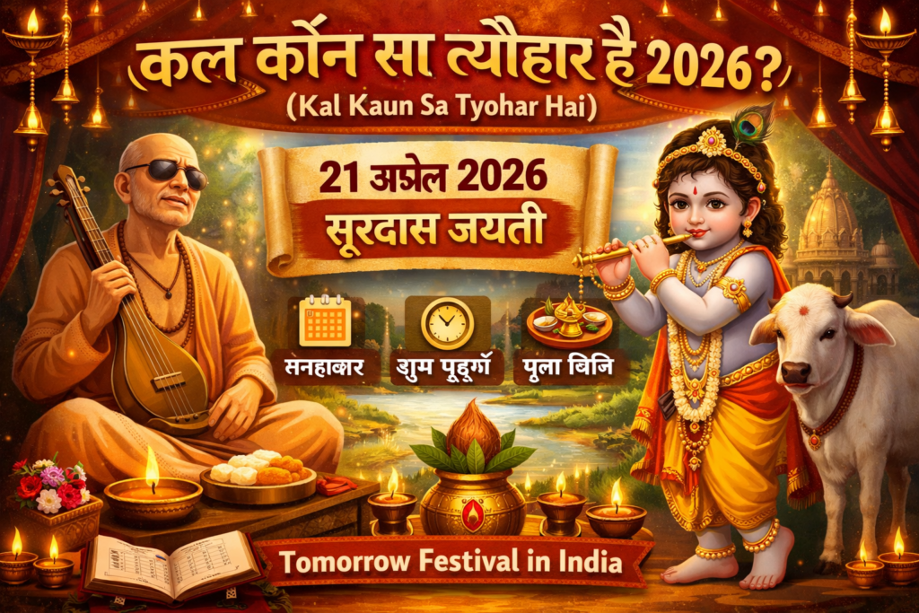 कल कौन सा त्यौहार है 2026, 21 अप्रैल सूरदास जयंती, भगवान कृष्ण और संत सूरदास भक्ति चित्र