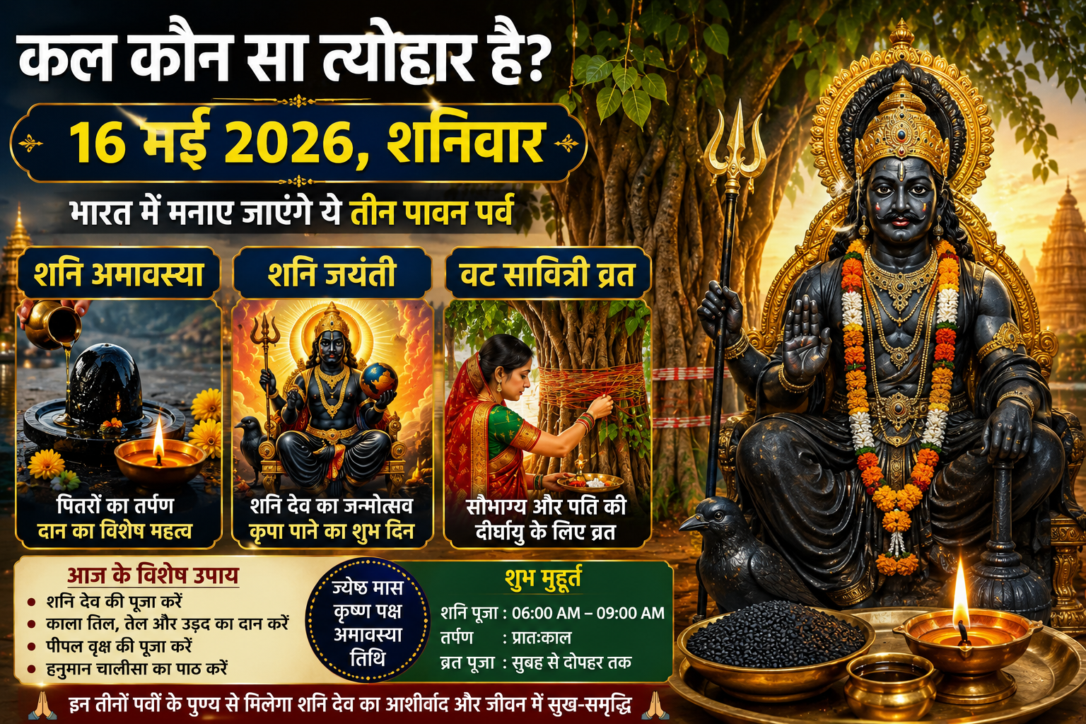 कल कौन सा त्यौहार है 16 मई 2026 (शनिवार) को भारत में शनि अमावस्या, शनि जयंती और वट सावित्री व्रत एक साथ मनाए जाएंगे।